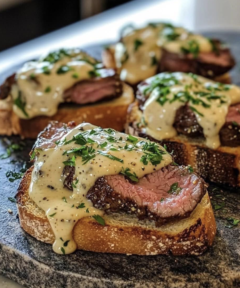 Beef Tenderloin Crostini with Parmesan Cream Sauce